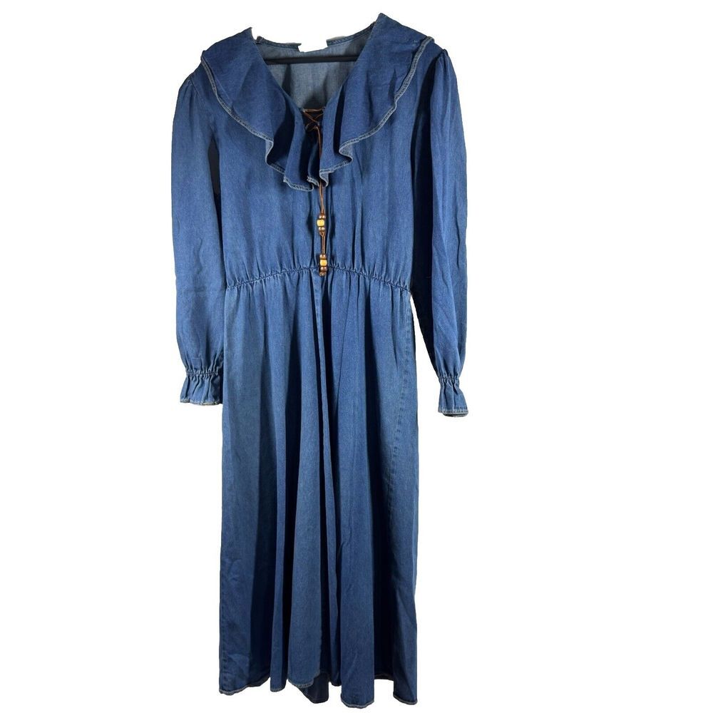 Vtg 80's Denim Maxi Dress 10 Nina Piccalino y2k Prairie Western Ruffle Tie‎ Boho